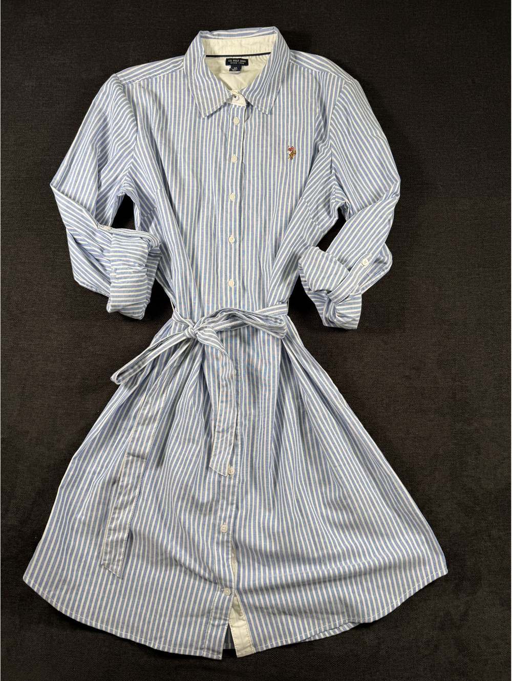 U.S. Polo Assn. XL Blue and White Striped Shirt Dress with Tie Waist